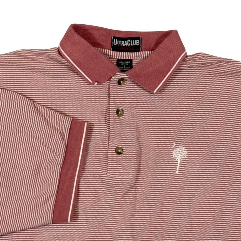 VTG UltraClub Polo Shirt Mens L SC Palmetto Crescent Moon Pink Striped Coastal‎